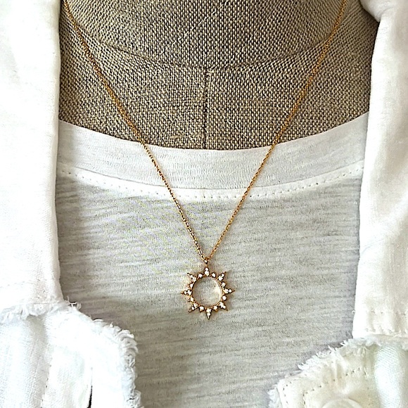 Delicate Gold Plated With Cubic Zirconia Pave Sun Necklace - NEW - Picture 1 of 6